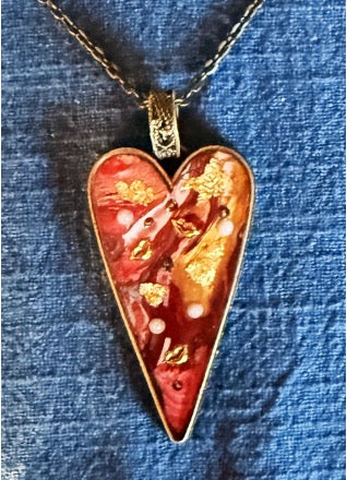 Large Romantic Deep Red heart pendant in antique bronze
