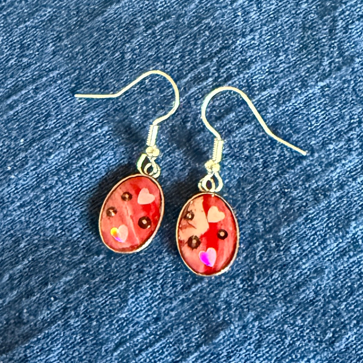 Romantic red and gold marble earrings in silver