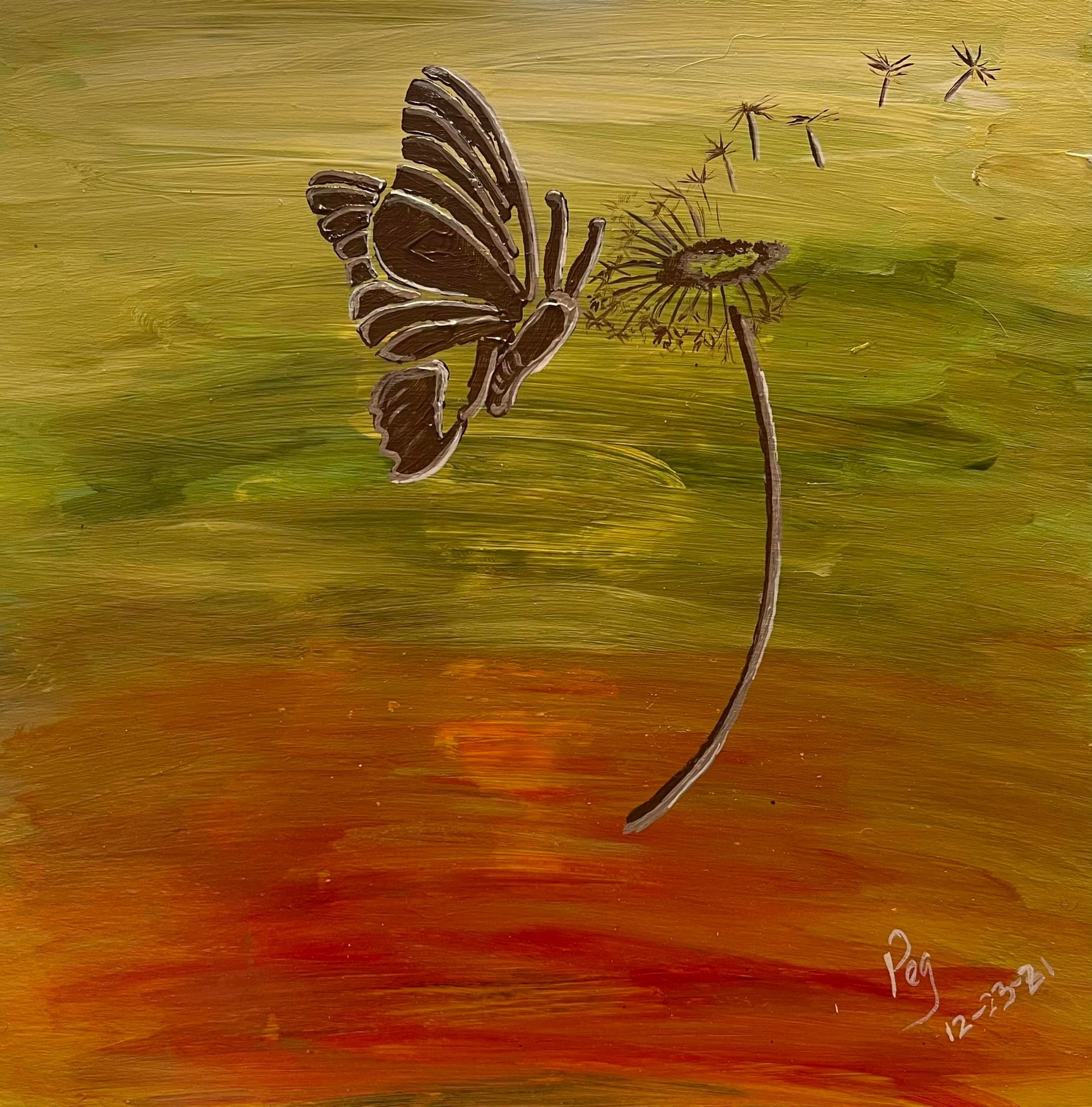 Butterfly and dandelion on wood